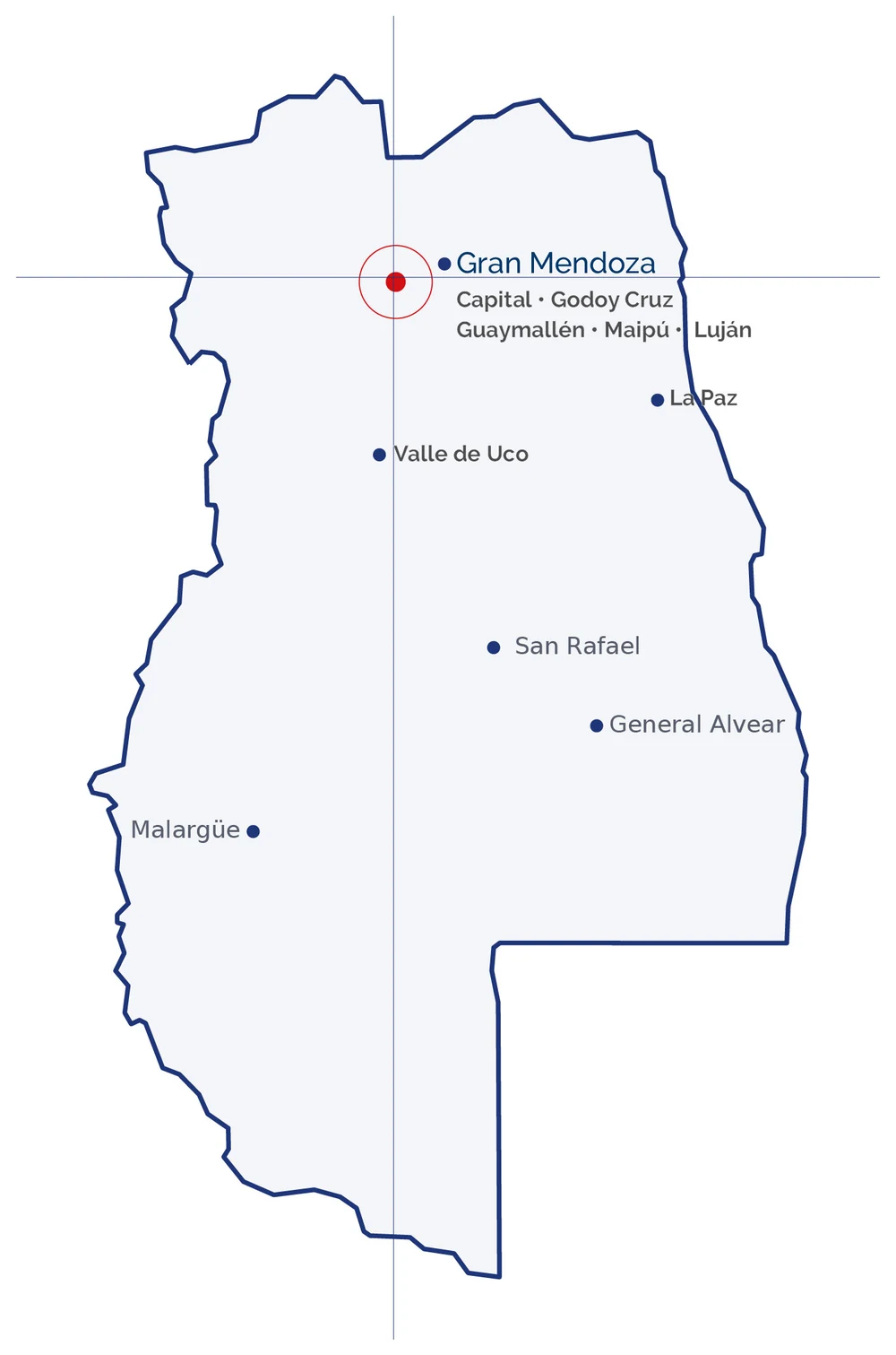 Mapa de la provincia de Mendoza con el Gran Mendoza destacado y las localidades de La Paz, Valle de Uco, San Rafael, General Alvear y Malargüe